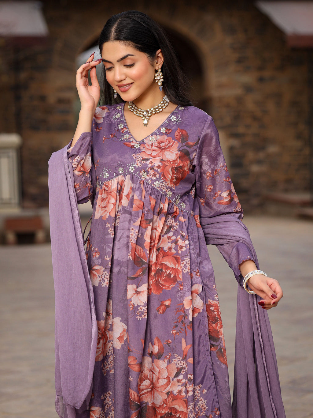 Juniper Mauve Floral Printed Poly Chinnon Kurta Pants & Dupatta Set With Mirror Work Embroidery | Grocsy