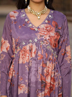 Juniper Mauve Floral Printed Poly Chinnon Kurta Pants & Dupatta Set With Mirror Work Embroidery | Grocsy