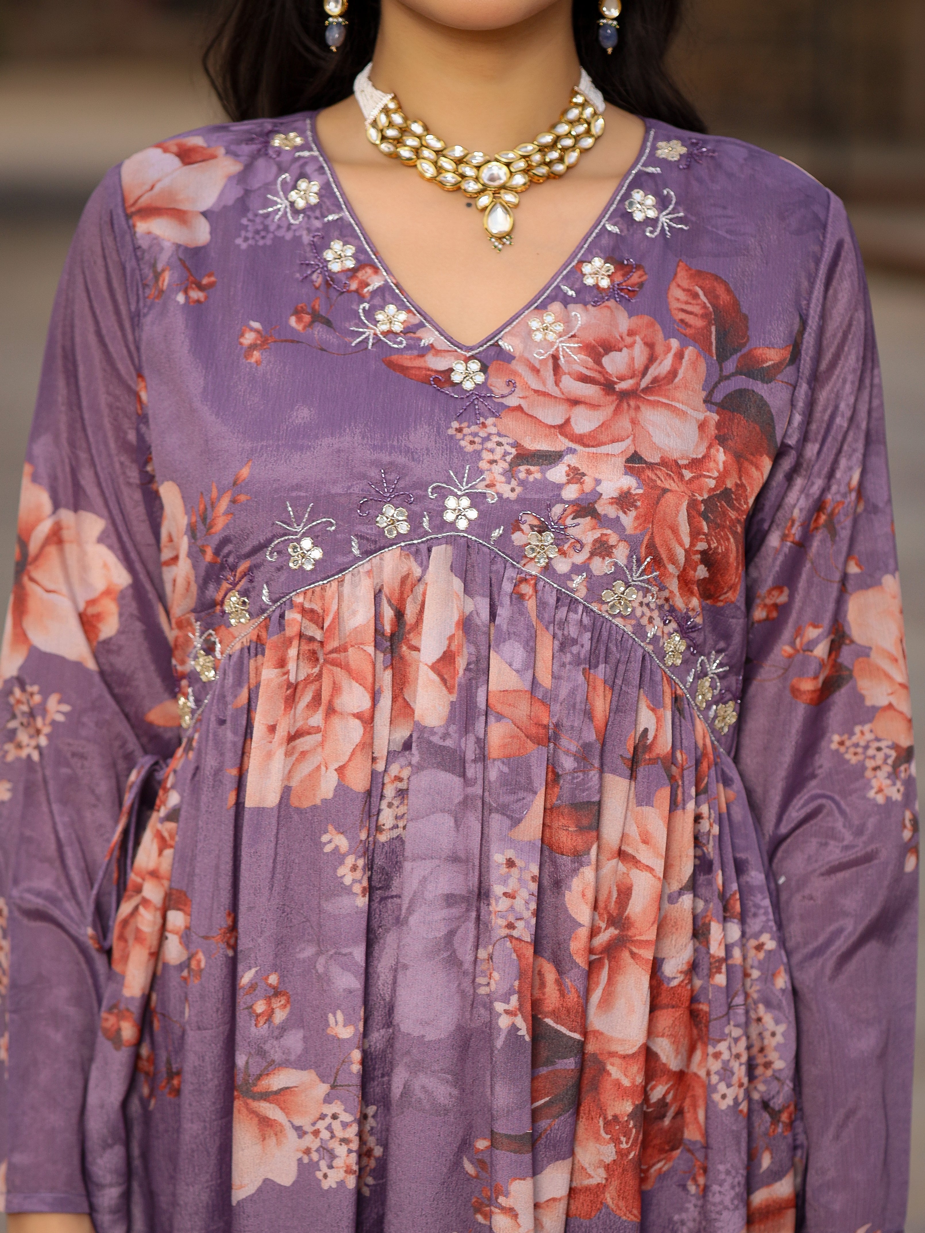 Juniper Mauve Floral Printed Poly Chinnon Kurta Pants & Dupatta Set With Mirror Work Embroidery | Grocsy
