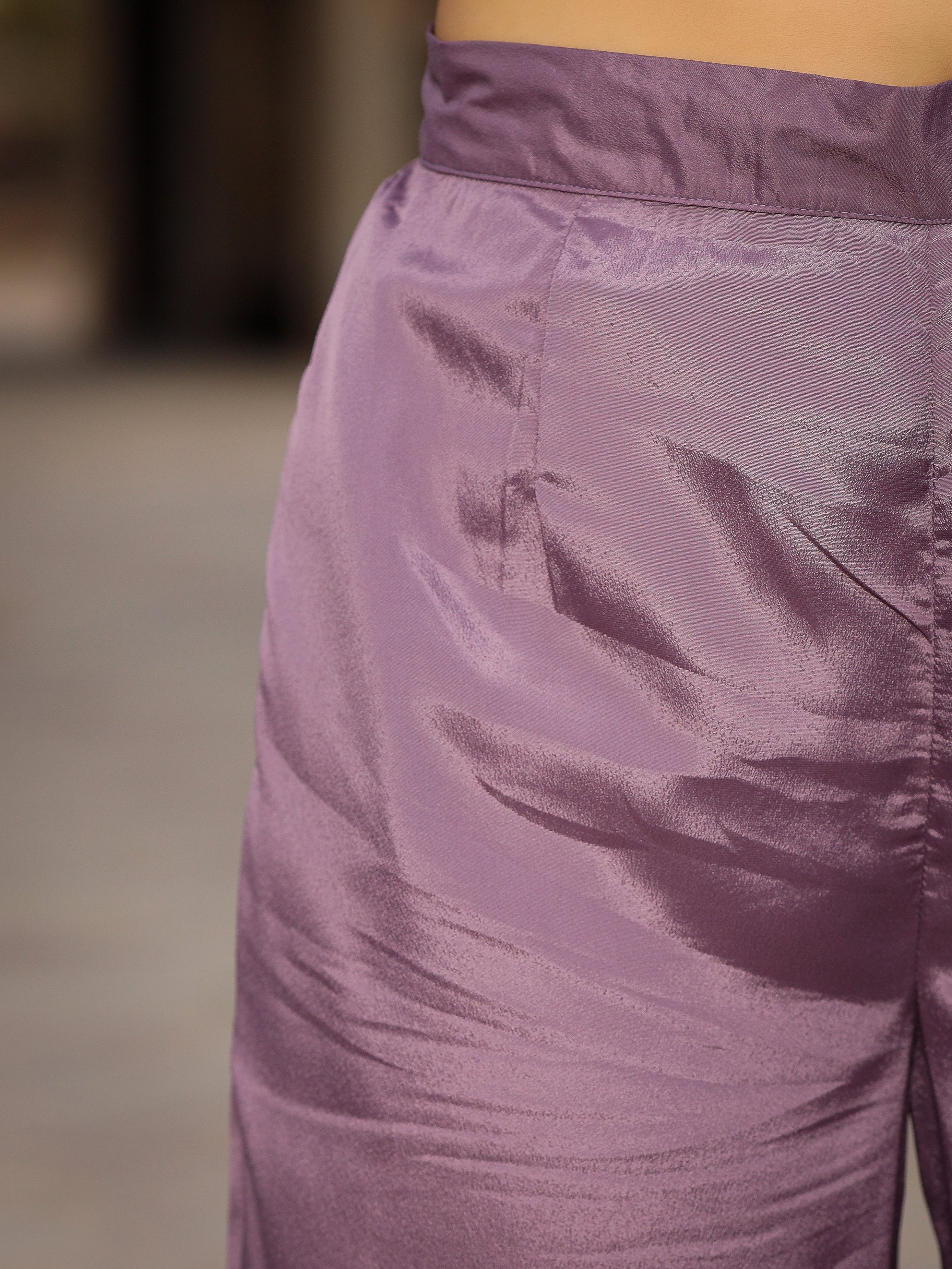 Juniper Mauve Floral Printed Poly Chinnon Kurta Pants & Dupatta Set With Mirror Work Embroidery | Grocsy