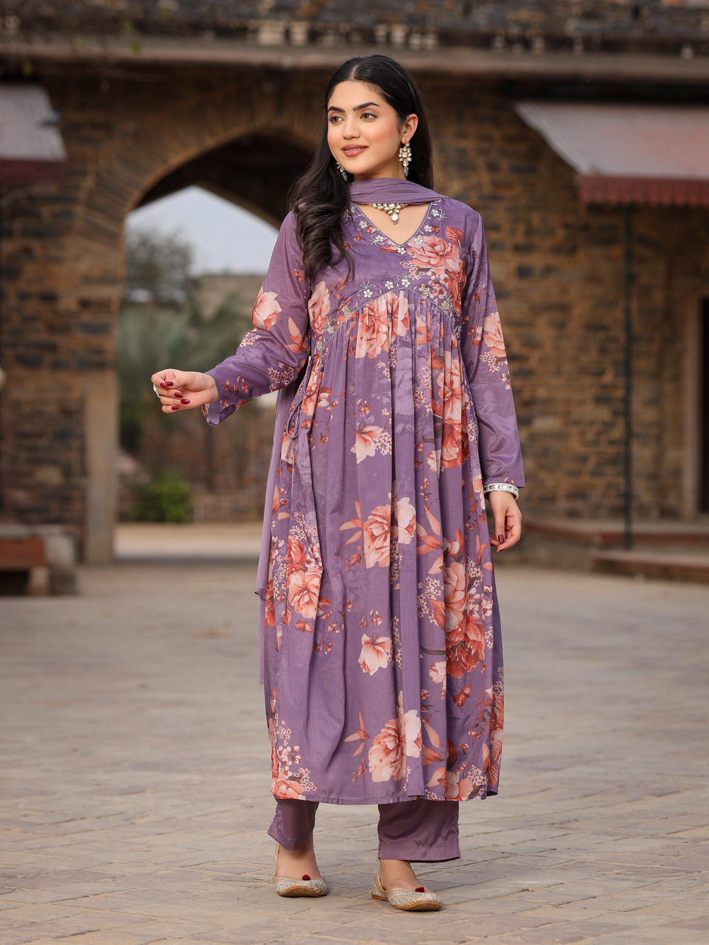 Juniper Mauve Floral Printed Poly Chinnon Kurta Pants & Dupatta Set With Mirror Work Embroidery | Grocsy