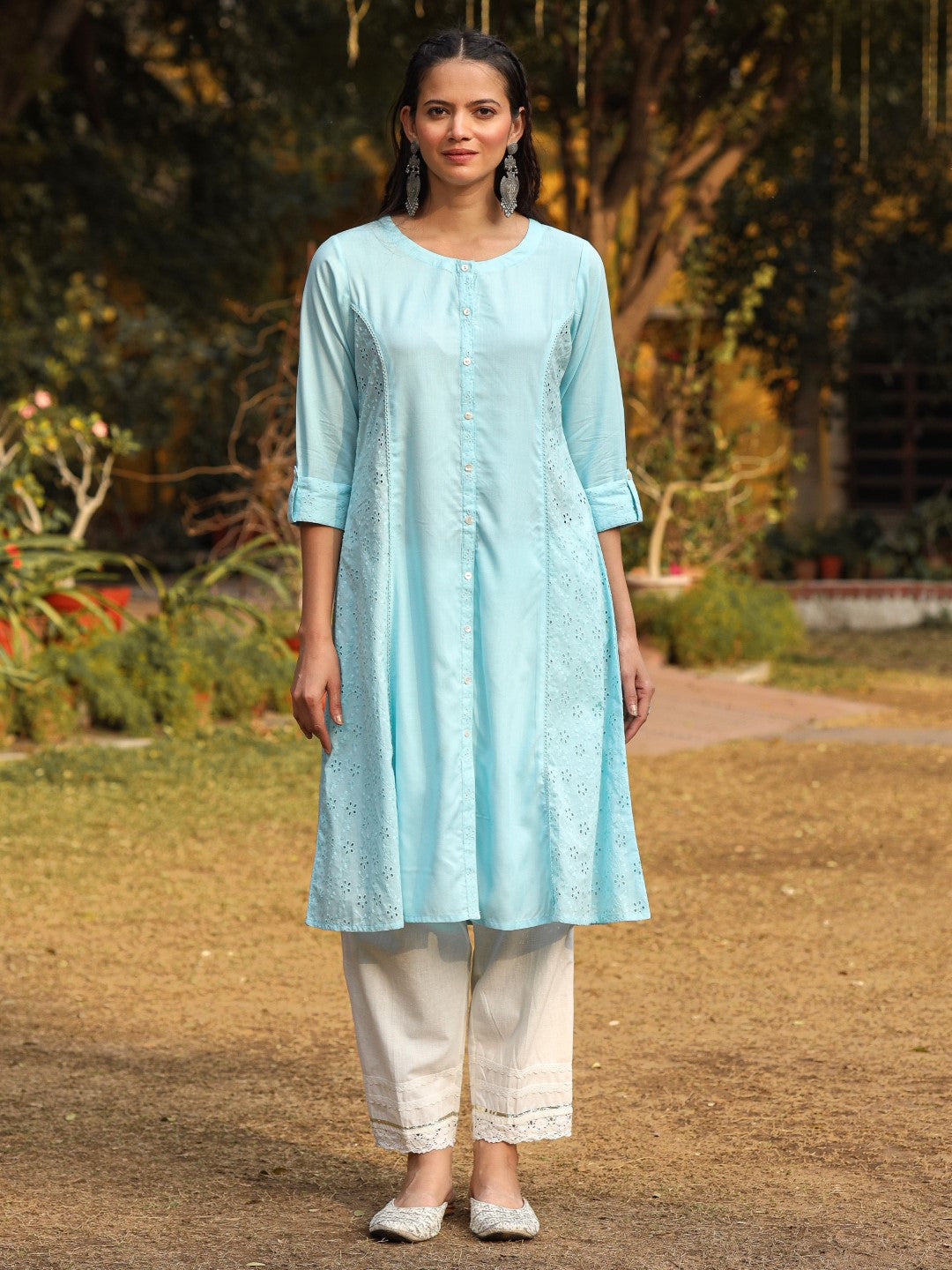 Juniper Powder Blue Solid A-Line Schiffli Kurta | Grocsy