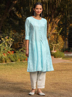 Juniper Powder Blue Solid A-Line Schiffli Kurta | Grocsy