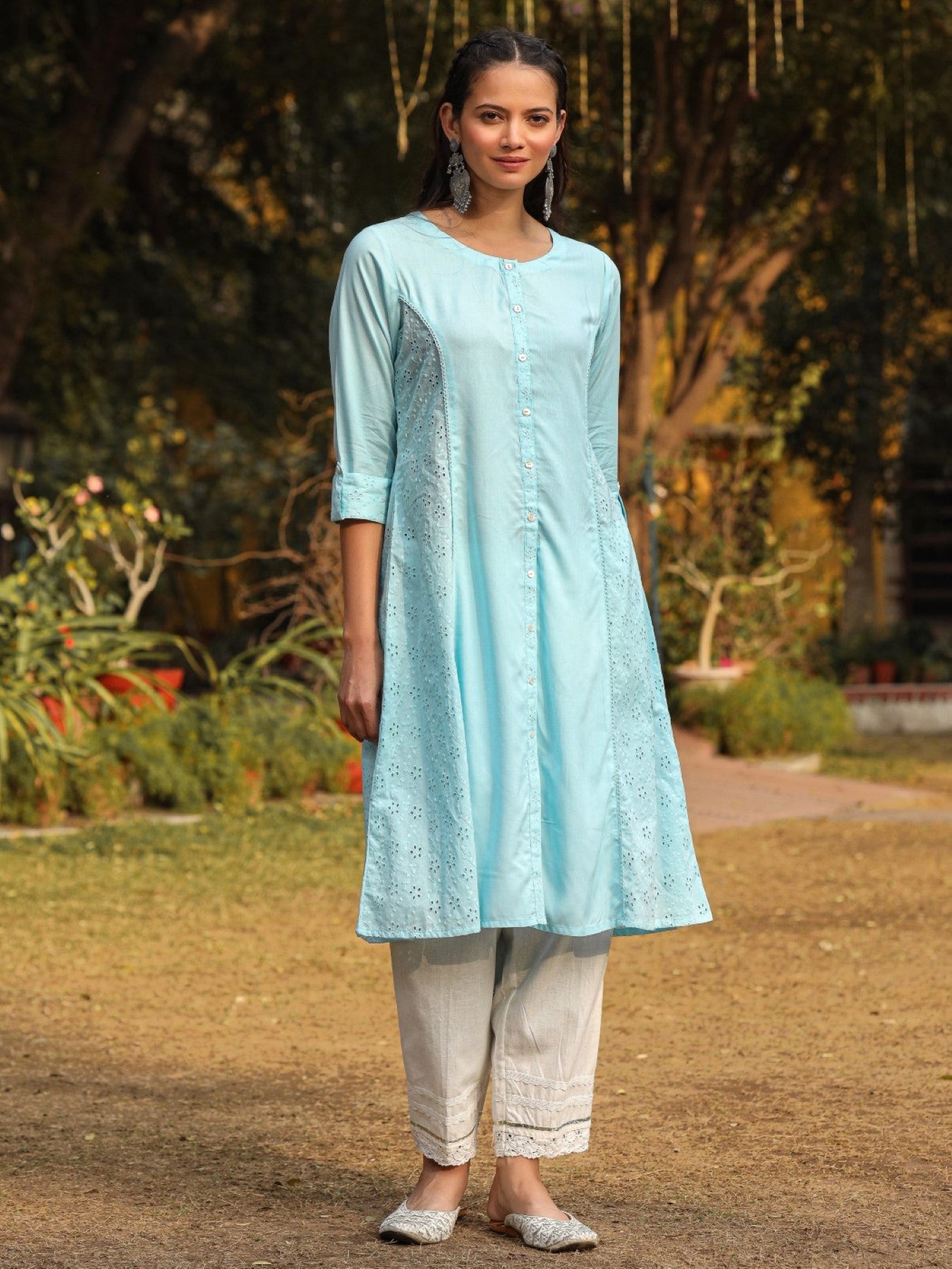 Juniper Powder Blue Solid A-Line Schiffli Kurta | Grocsy