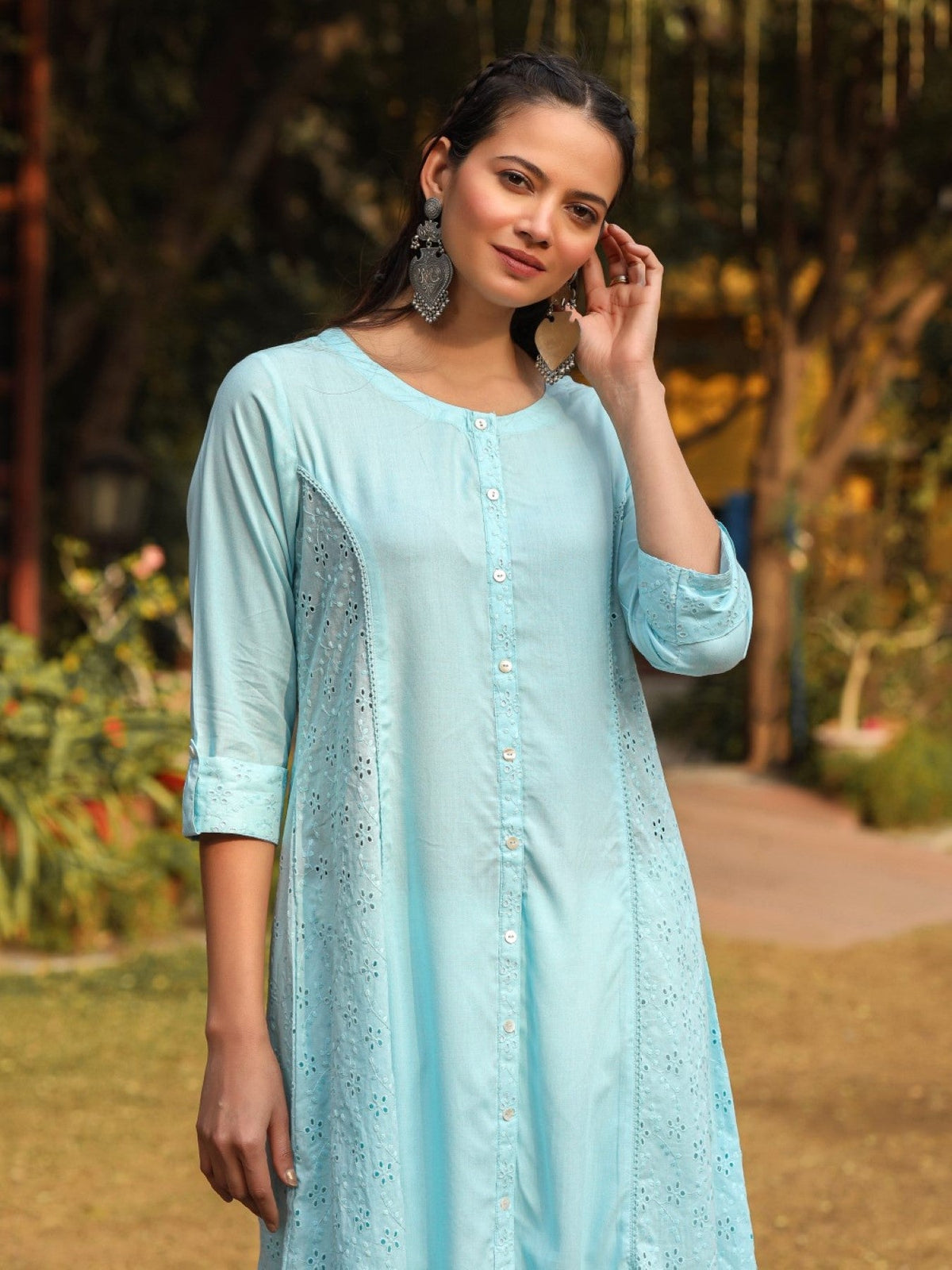 Juniper Powder Blue Solid A-Line Schiffli Kurta | Grocsy
