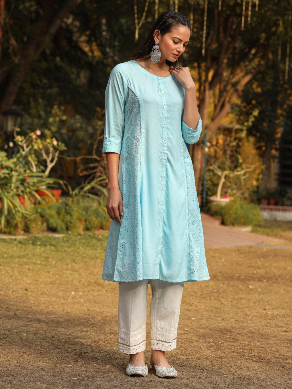 Juniper Powder Blue Solid A-Line Schiffli Kurta | Grocsy