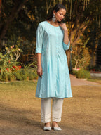 Juniper Powder Blue Solid A-Line Schiffli Kurta | Grocsy