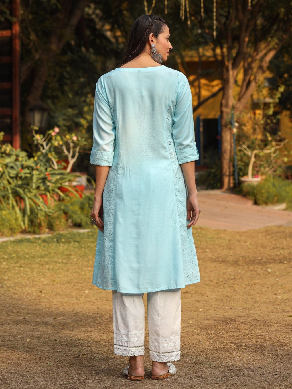 Juniper Powder Blue Solid A-Line Schiffli Kurta | Grocsy