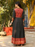 Juniper Women's Black Cotton Ethnic Motif Printed Fit & Flare Layered Maxi Dress With Thread Embroidery & Tassels | Grocsy