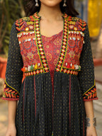Juniper Women's Black Cotton Ethnic Motif Printed Fit & Flare Layered Maxi Dress With Thread Embroidery & Tassels | Grocsy