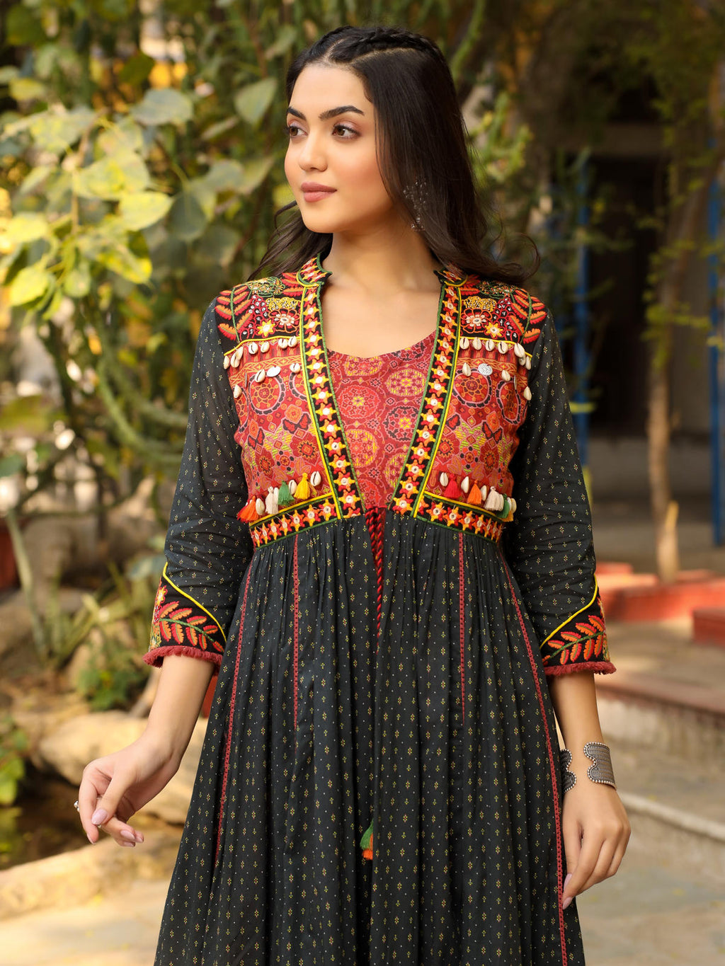 Juniper Women's Black Cotton Ethnic Motif Printed Fit & Flare Layered Maxi Dress With Thread Embroidery & Tassels | Grocsy
