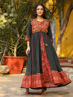 Juniper Women's Black Cotton Ethnic Motif Printed Fit & Flare Layered Maxi Dress With Thread Embroidery & Tassels | Grocsy
