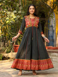 Juniper Women's Black Cotton Ethnic Motif Printed Fit & Flare Layered Maxi Dress With Thread Embroidery & Tassels | Grocsy