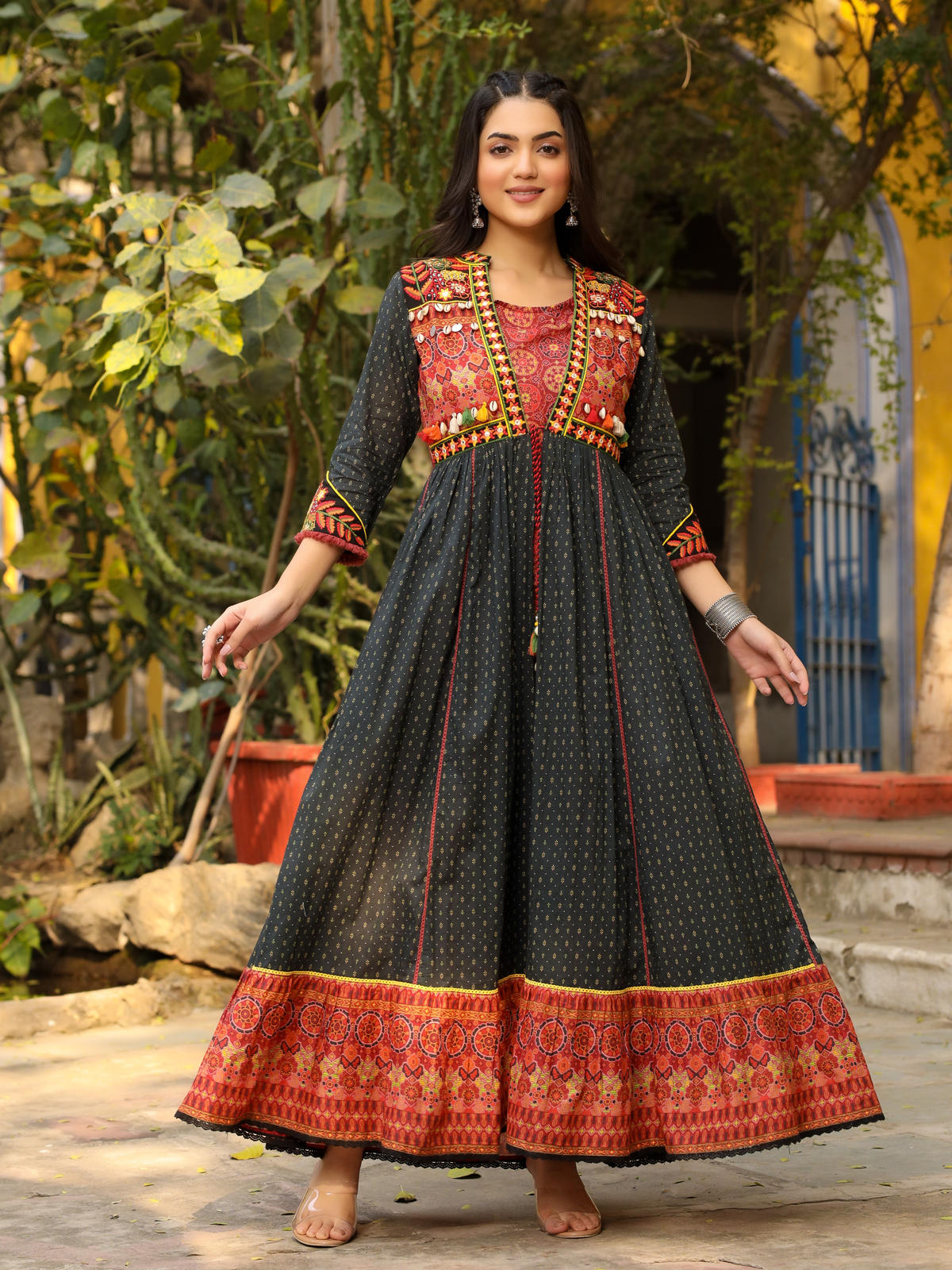 Juniper Women's Black Cotton Ethnic Motif Printed Fit & Flare Layered Maxi Dress With Thread Embroidery & Tassels | Grocsy