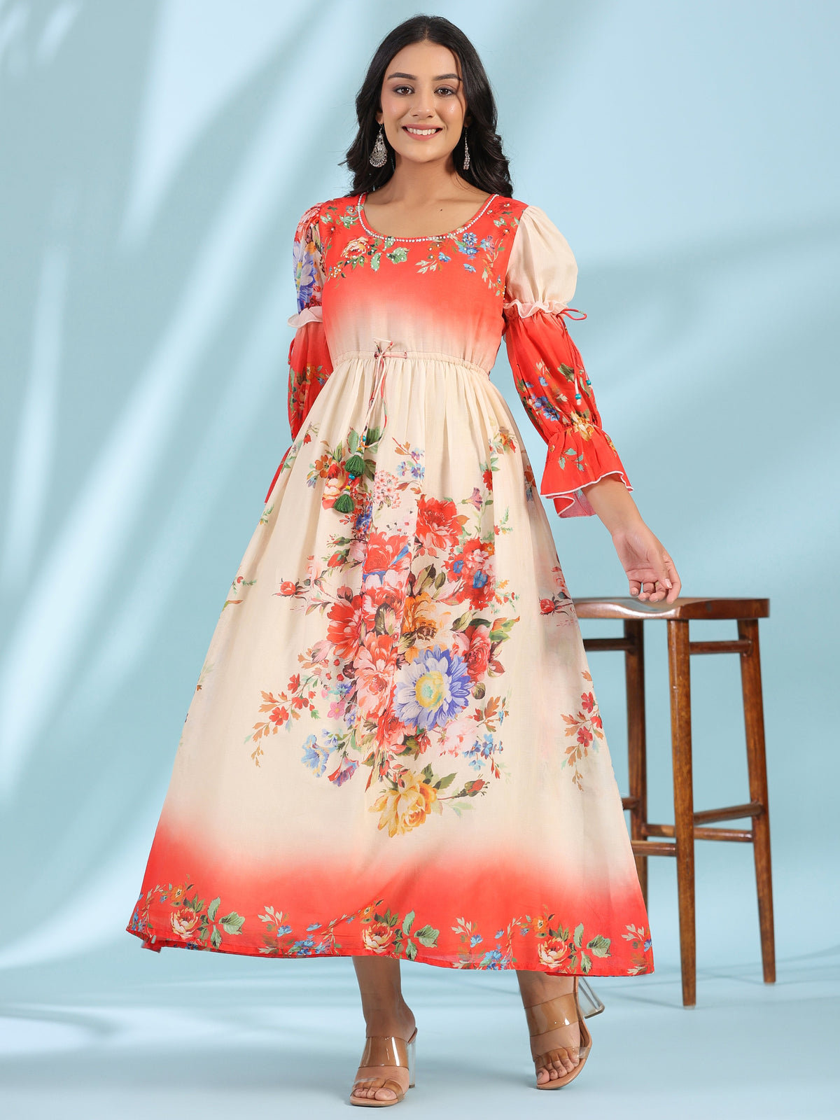 Juniper Women's Off-White Floral Printed Cotton Maxi Dress With Beads & Sequins Work | Grocsy