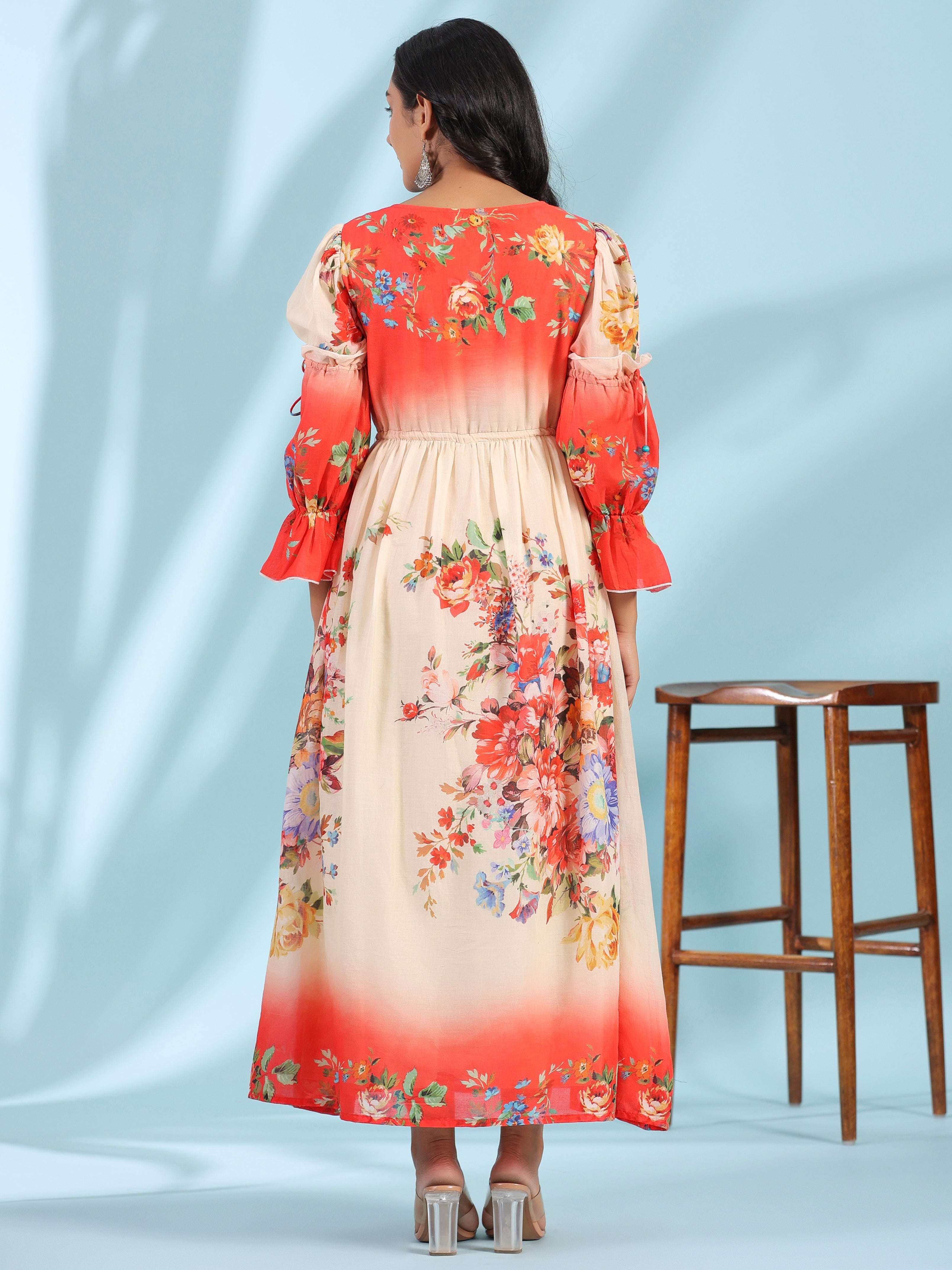 Juniper Women's Off-White Floral Printed Cotton Maxi Dress With Beads & Sequins Work | Grocsy
