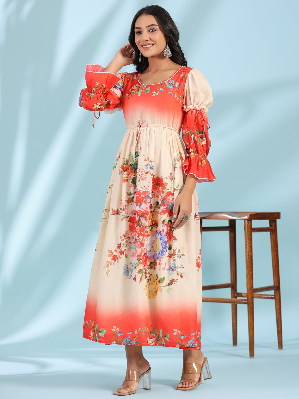 Juniper Women's Off-White Floral Printed Cotton Maxi Dress With Beads & Sequins Work | Grocsy