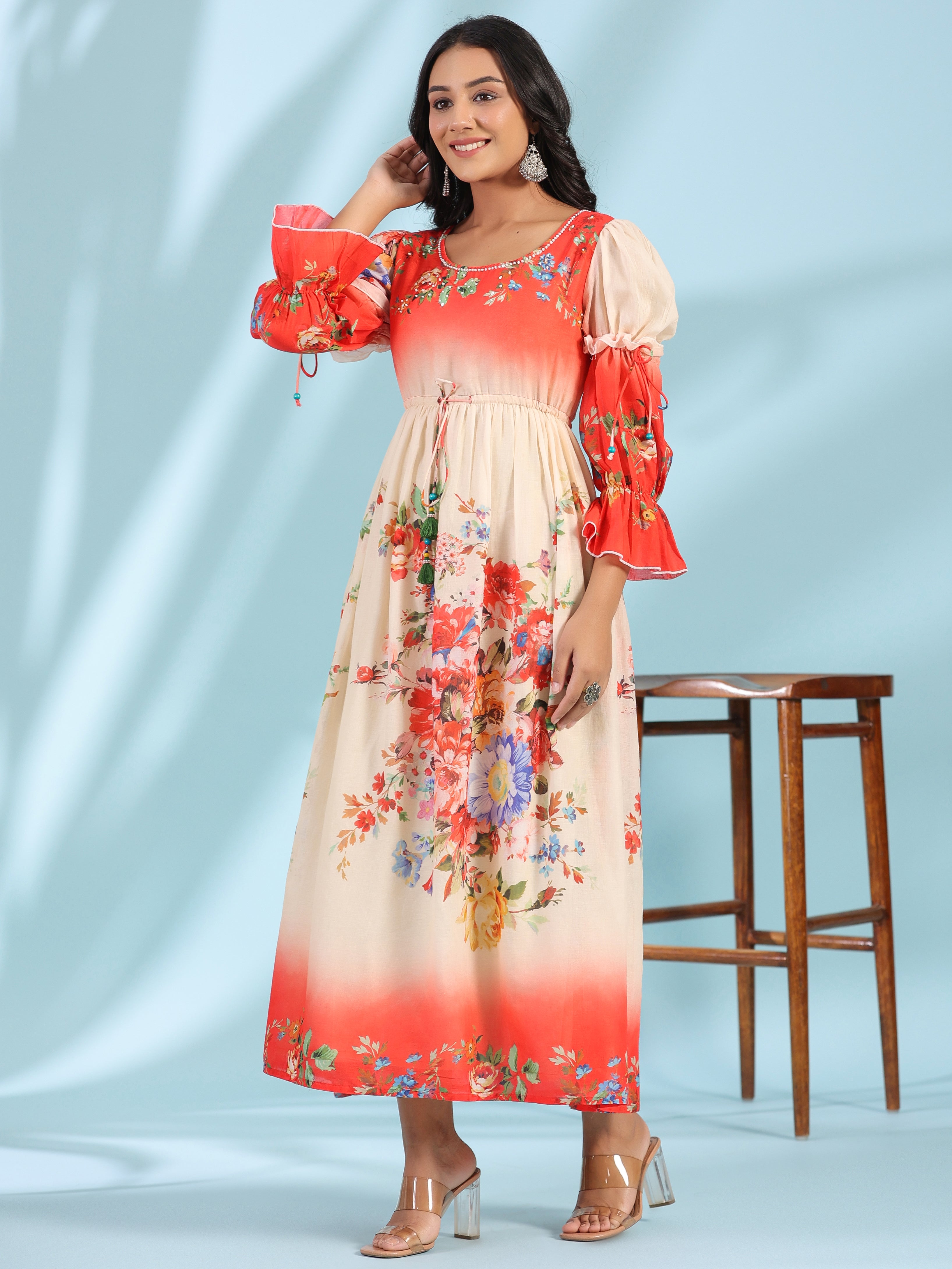 Juniper Women's Off-White Floral Printed Cotton Maxi Dress With Beads & Sequins Work | Grocsy