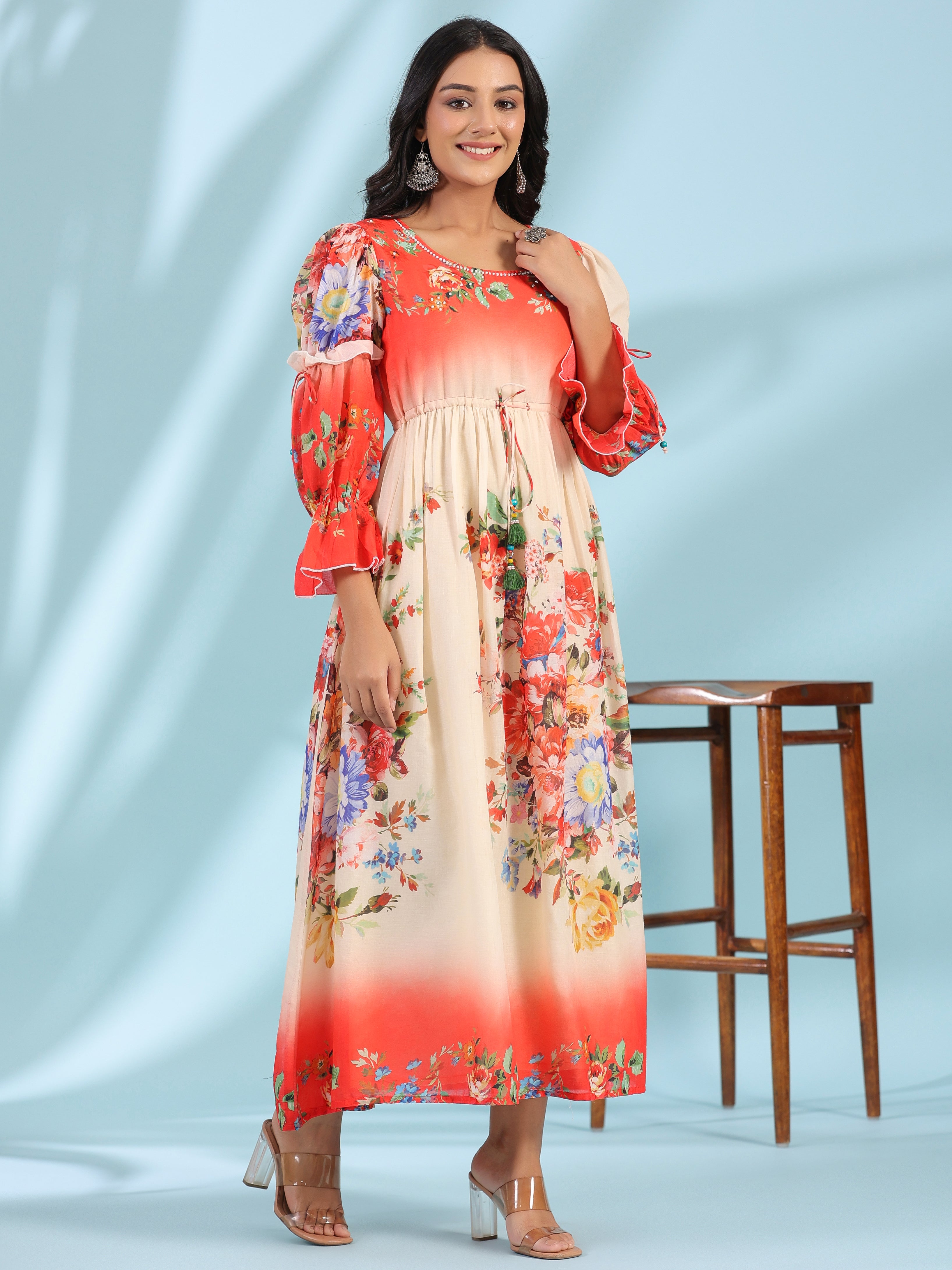 Juniper Women's Off-White Floral Printed Cotton Maxi Dress With Beads & Sequins Work | Grocsy