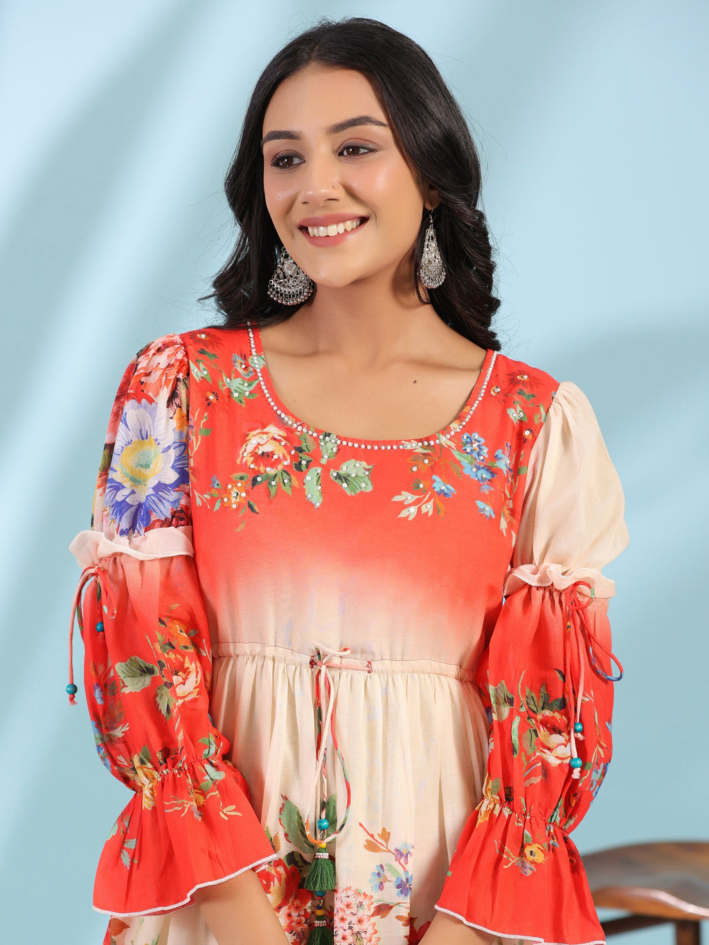 Juniper Women's Off-White Floral Printed Cotton Maxi Dress With Beads & Sequins Work | Grocsy