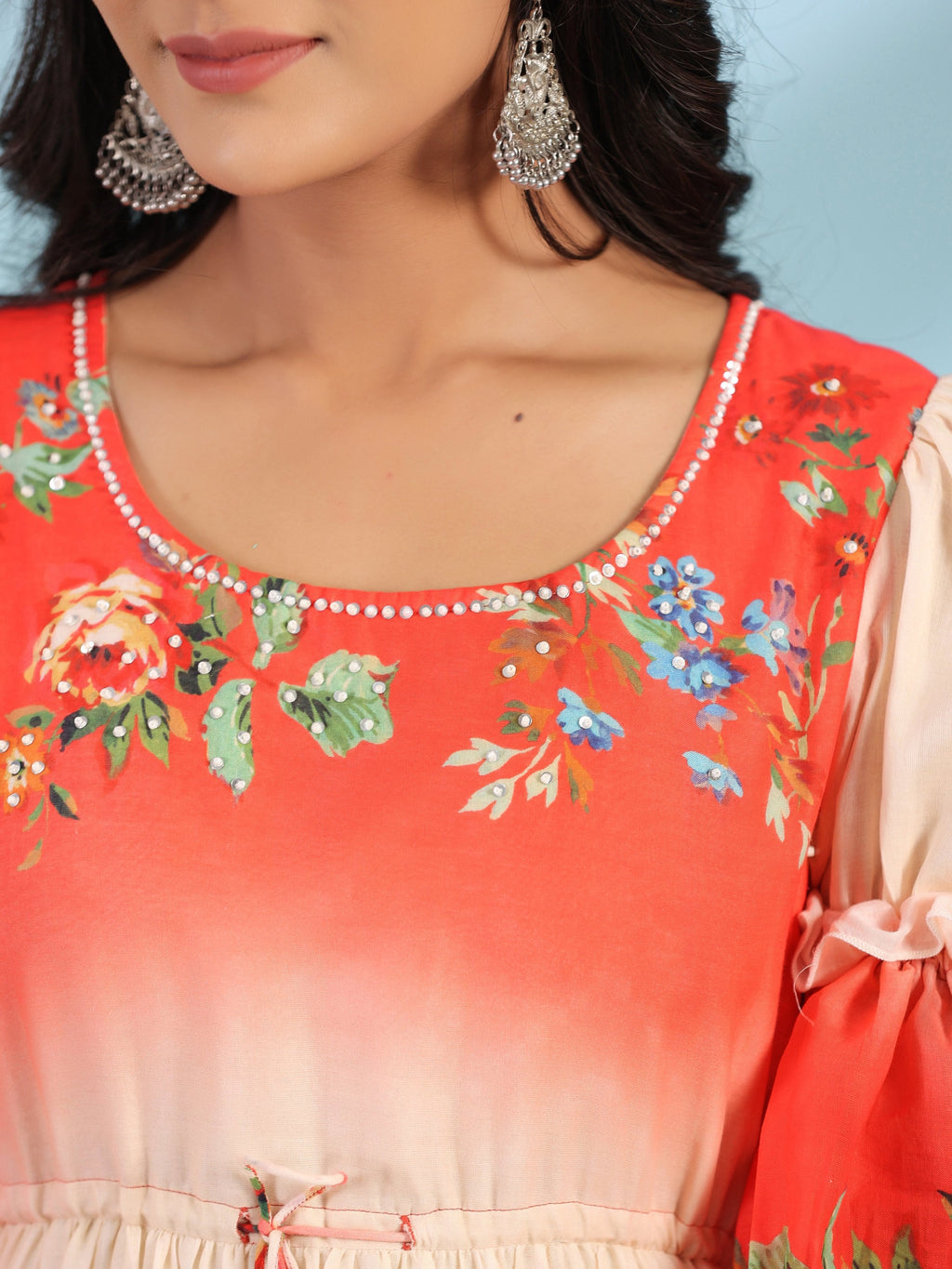 Juniper Women's Off-White Floral Printed Cotton Maxi Dress With Beads & Sequins Work | Grocsy