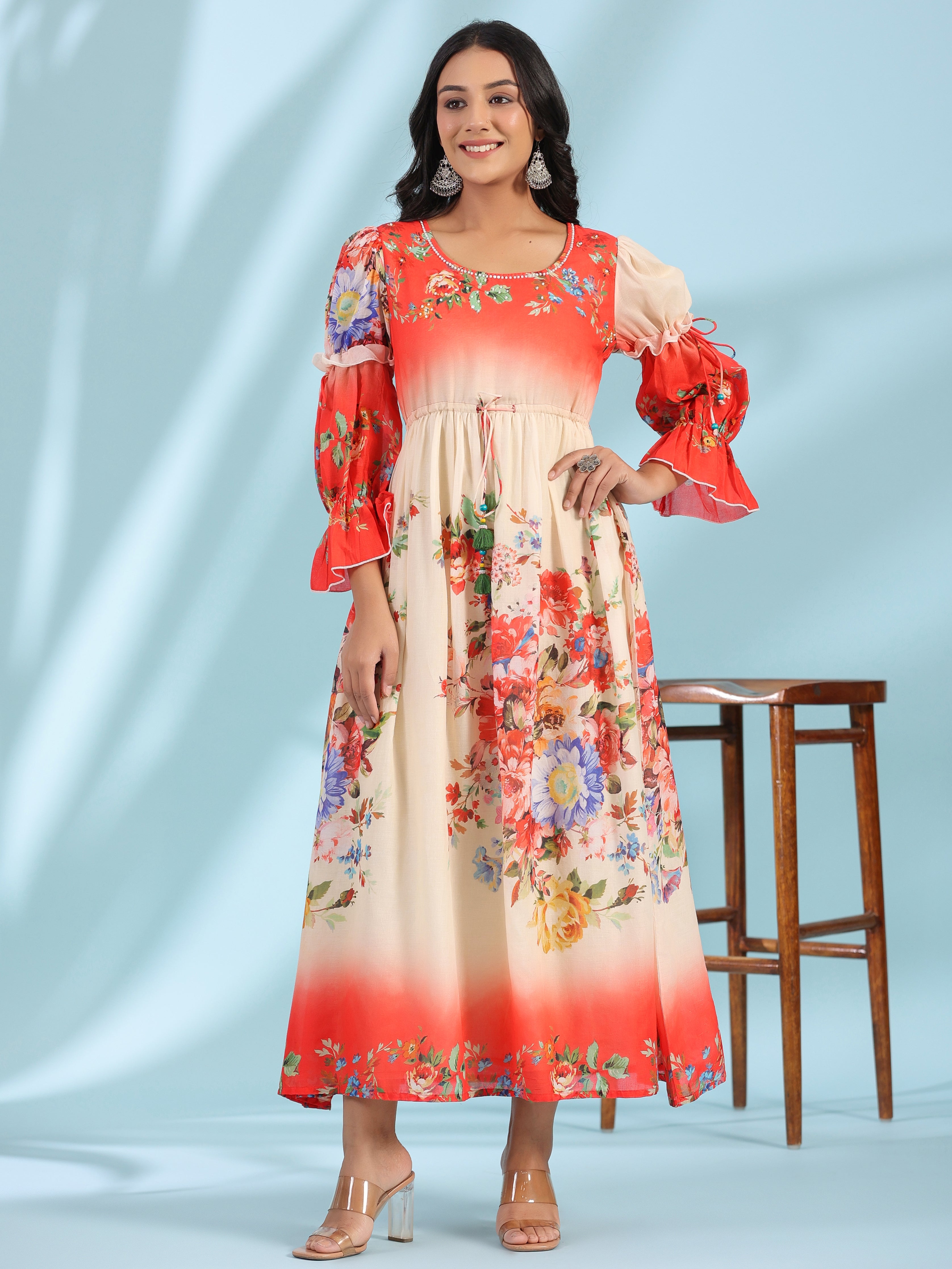 Juniper Women's Off-White Floral Printed Cotton Maxi Dress With Beads & Sequins Work | Grocsy