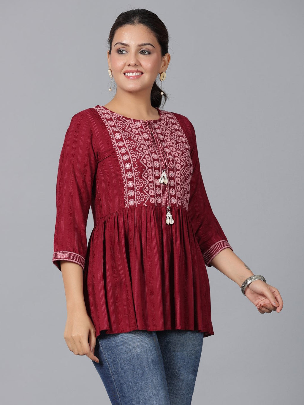 Juniper Women's Maroon Geometric Printed Rayon Tunic With Thread Work | Grocsy