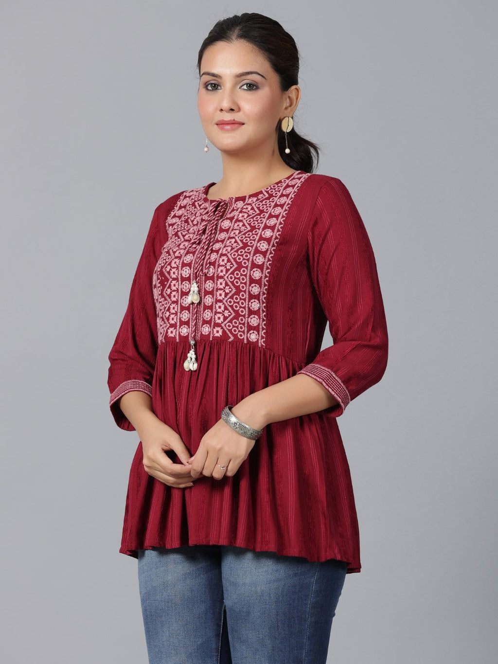 Juniper Women's Maroon Geometric Printed Rayon Tunic With Thread Work | Grocsy