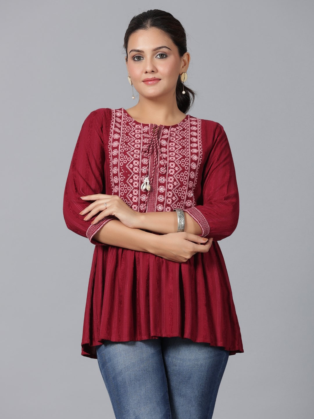 Juniper Women's Maroon Geometric Printed Rayon Tunic With Thread Work | Grocsy