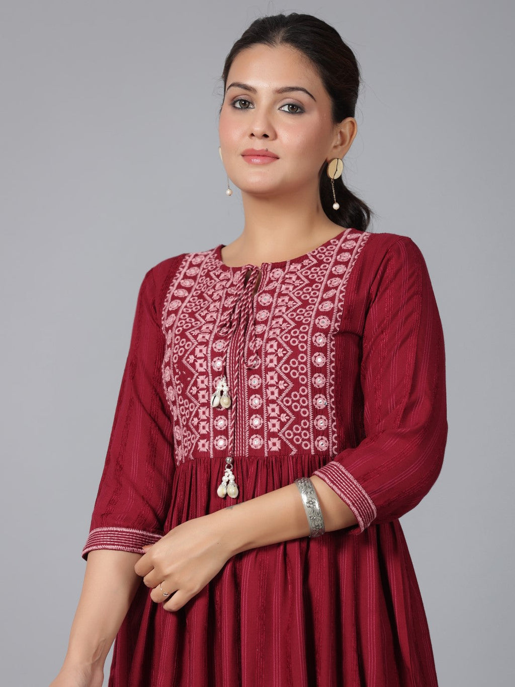 Juniper Women's Maroon Geometric Printed Rayon Tunic With Thread Work | Grocsy