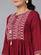 Juniper Women's Maroon Geometric Printed Rayon Tunic With Thread Work | Grocsy