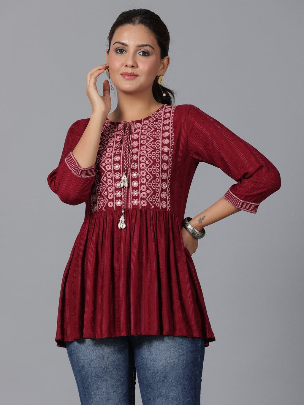 Juniper Women's Maroon Geometric Printed Rayon Tunic With Thread Work | Grocsy