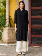 Juniper Women's Black Solid Modal Rayon Straight Kurta With Half Placket At Front | Grocsy