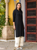 Juniper Women's Black Solid Modal Rayon Straight Kurta With Half Placket At Front | Grocsy