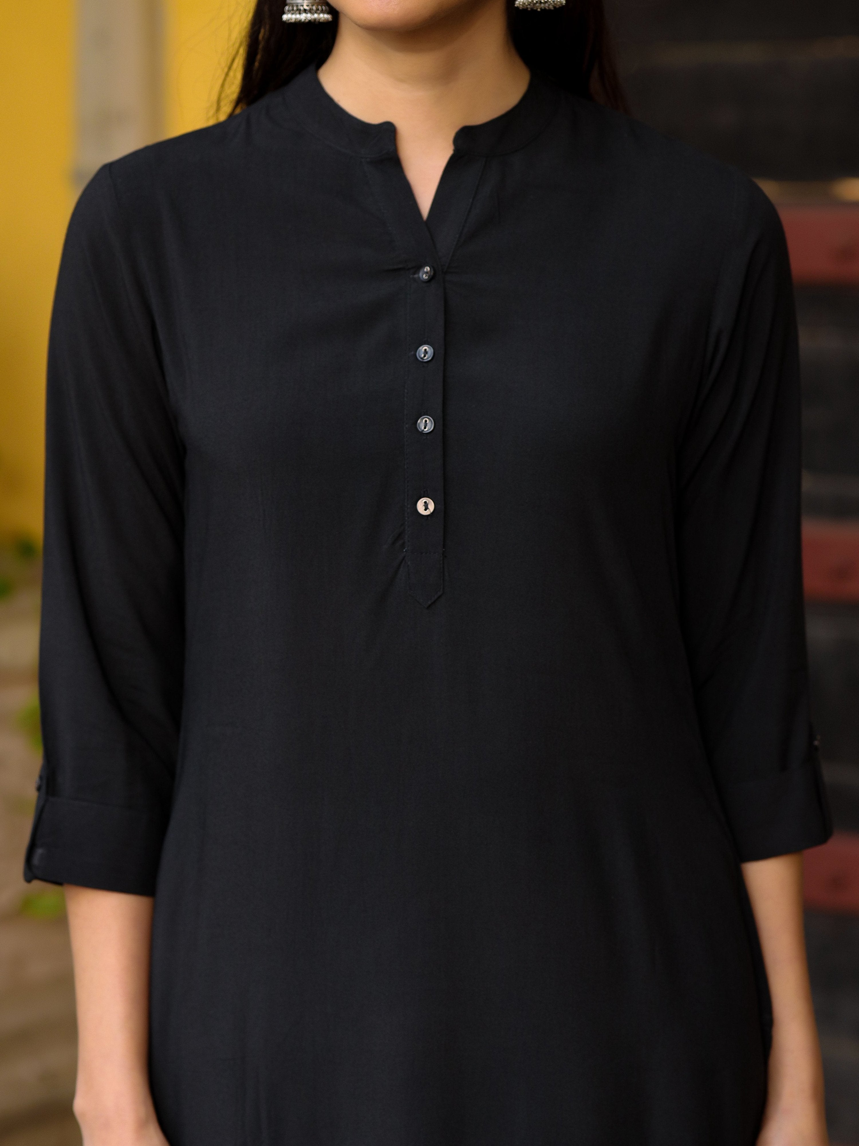 Juniper Women's Black Solid Modal Rayon Straight Kurta With Half Placket At Front | Grocsy