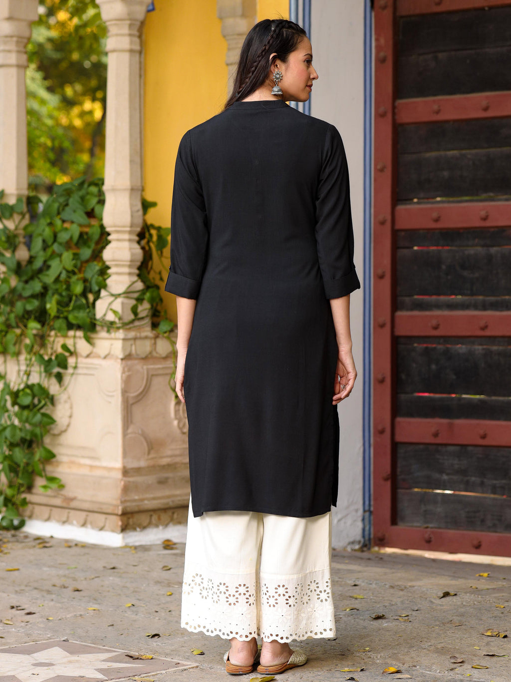 Juniper Women's Black Solid Modal Rayon Straight Kurta With Half Placket At Front | Grocsy