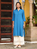 Juniper Women's Effortlessly Chic Bright Blue Rayon Solid Roll-Up Sleeves Basic Kurta | Grocsy