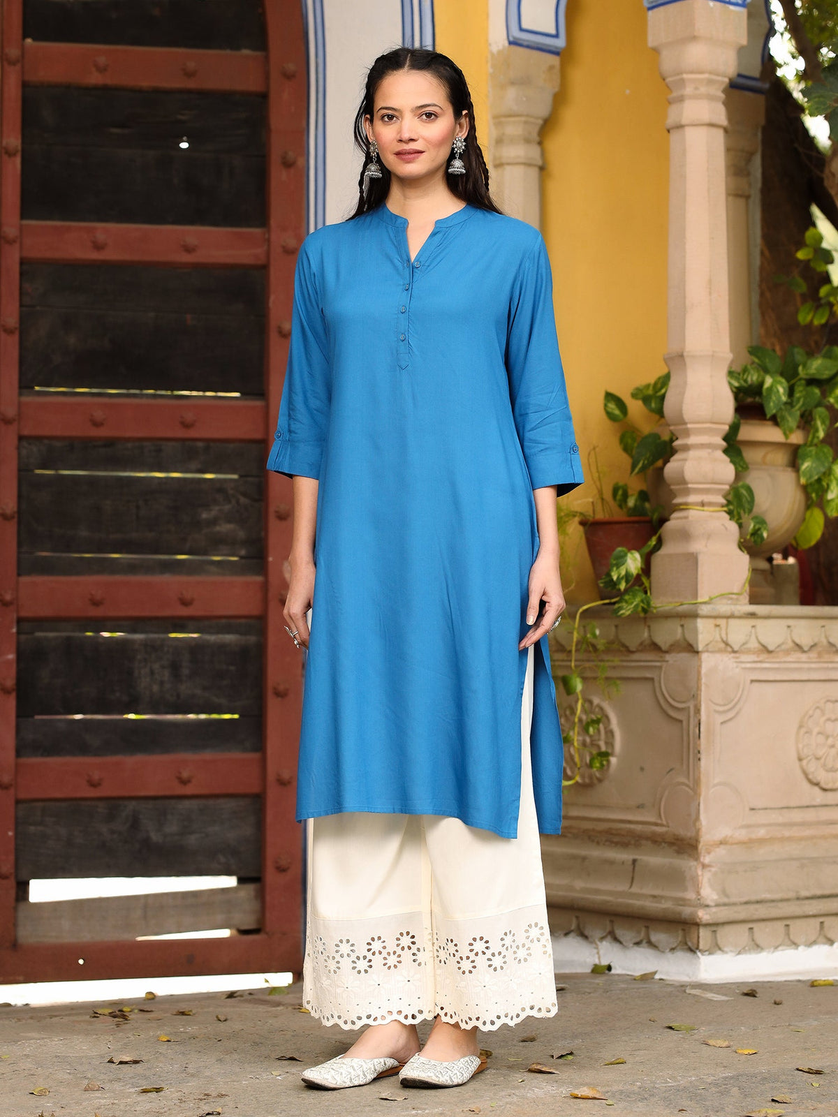 Juniper Women's Effortlessly Chic Bright Blue Rayon Solid Roll-Up Sleeves Basic Kurta | Grocsy