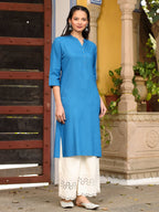 Juniper Women's Effortlessly Chic Bright Blue Rayon Solid Roll-Up Sleeves Basic Kurta | Grocsy