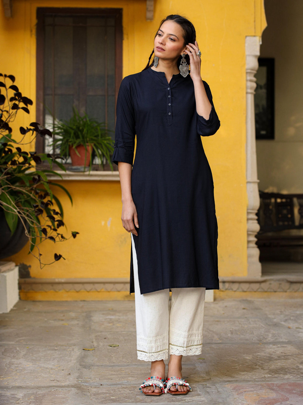 Juniper Navy Blue Solid Modal Rayon Straight Kurta With Half Placket At Front | Grocsy