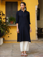 Juniper Navy Blue Solid Modal Rayon Straight Kurta With Half Placket At Front | Grocsy