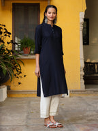 Juniper Women's Navy Blue Solid Modal Rayon Straight Kurta With Half Placket At Front | Grocsy