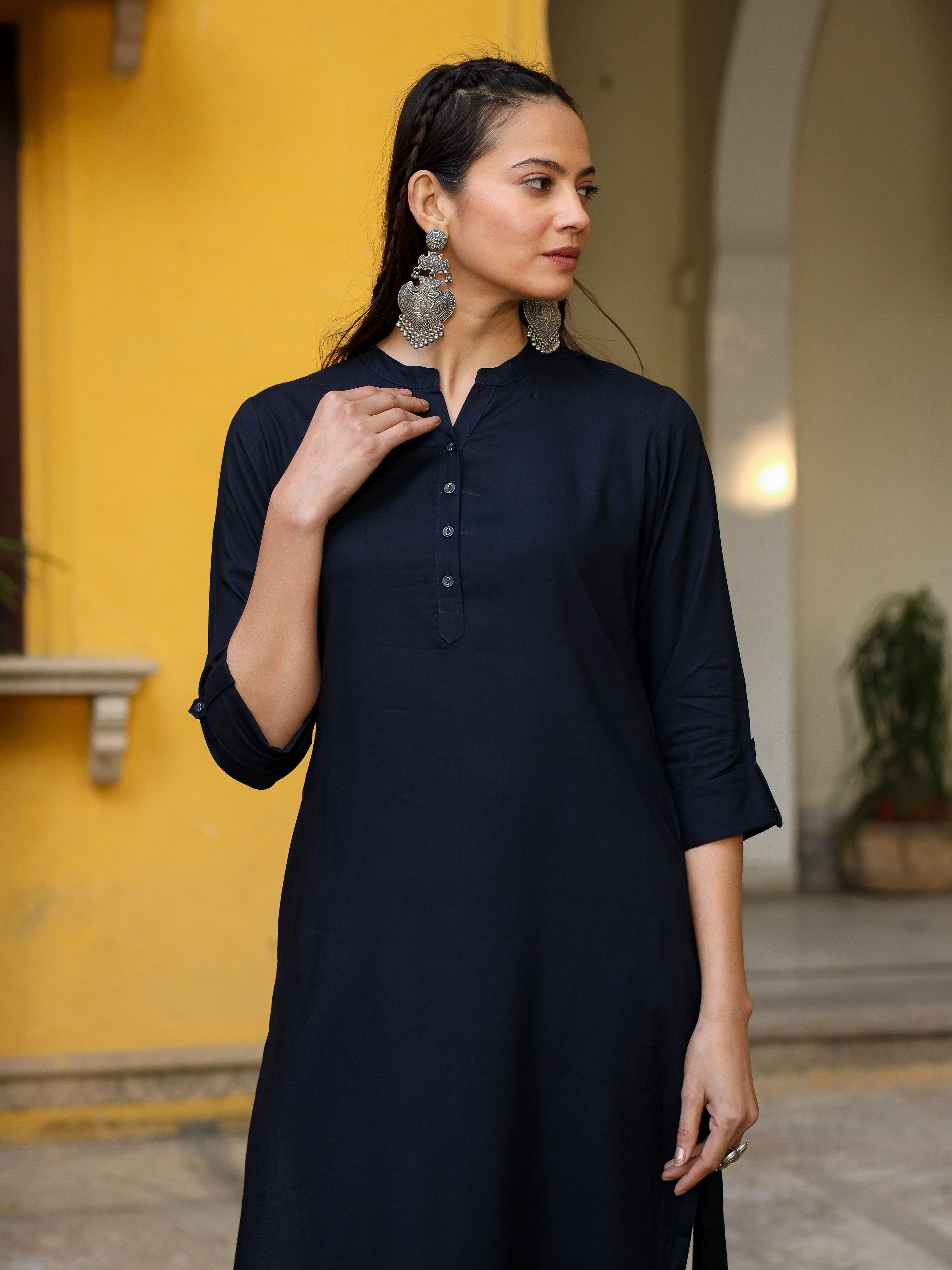 Juniper Navy Blue Solid Modal Rayon Straight Kurta With Half Placket At Front | Grocsy