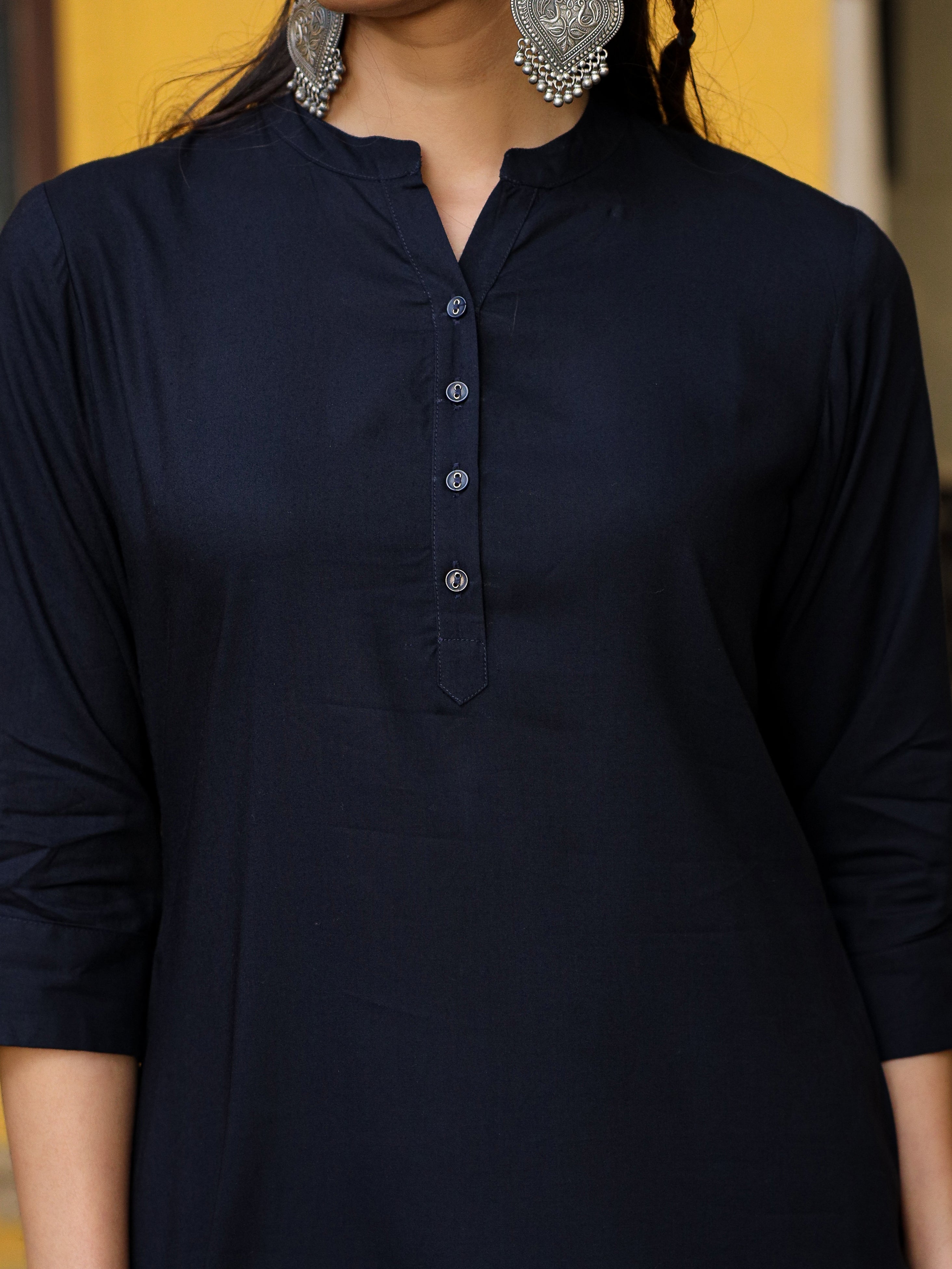 Juniper Women's Navy Blue Solid Modal Rayon Straight Kurta With Half Placket At Front | Grocsy