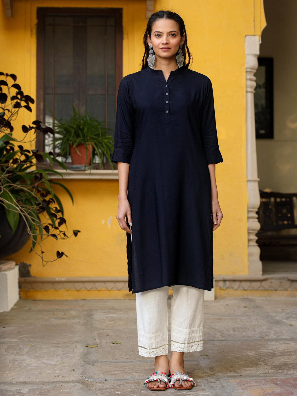 Juniper Navy Blue Solid Modal Rayon Straight Kurta With Half Placket At Front | Grocsy