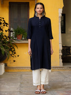 Juniper Navy Blue Solid Modal Rayon Straight Kurta With Half Placket At Front | Grocsy