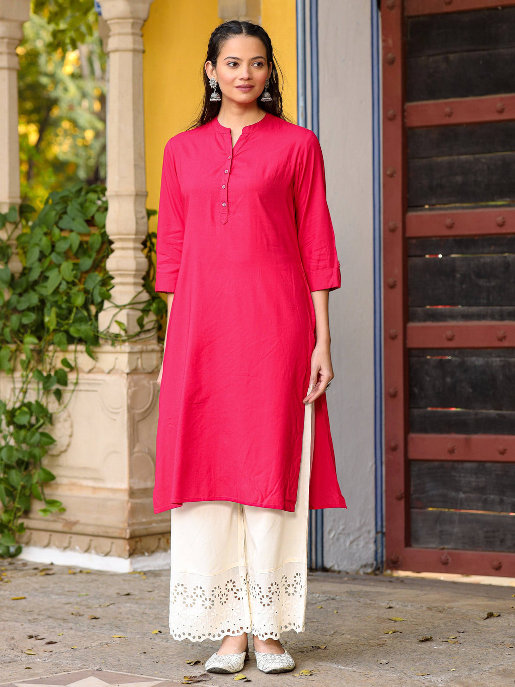 Juniper Pink Solid Modal Rayon Straight Kurta With Half Placket At Front | Grocsy