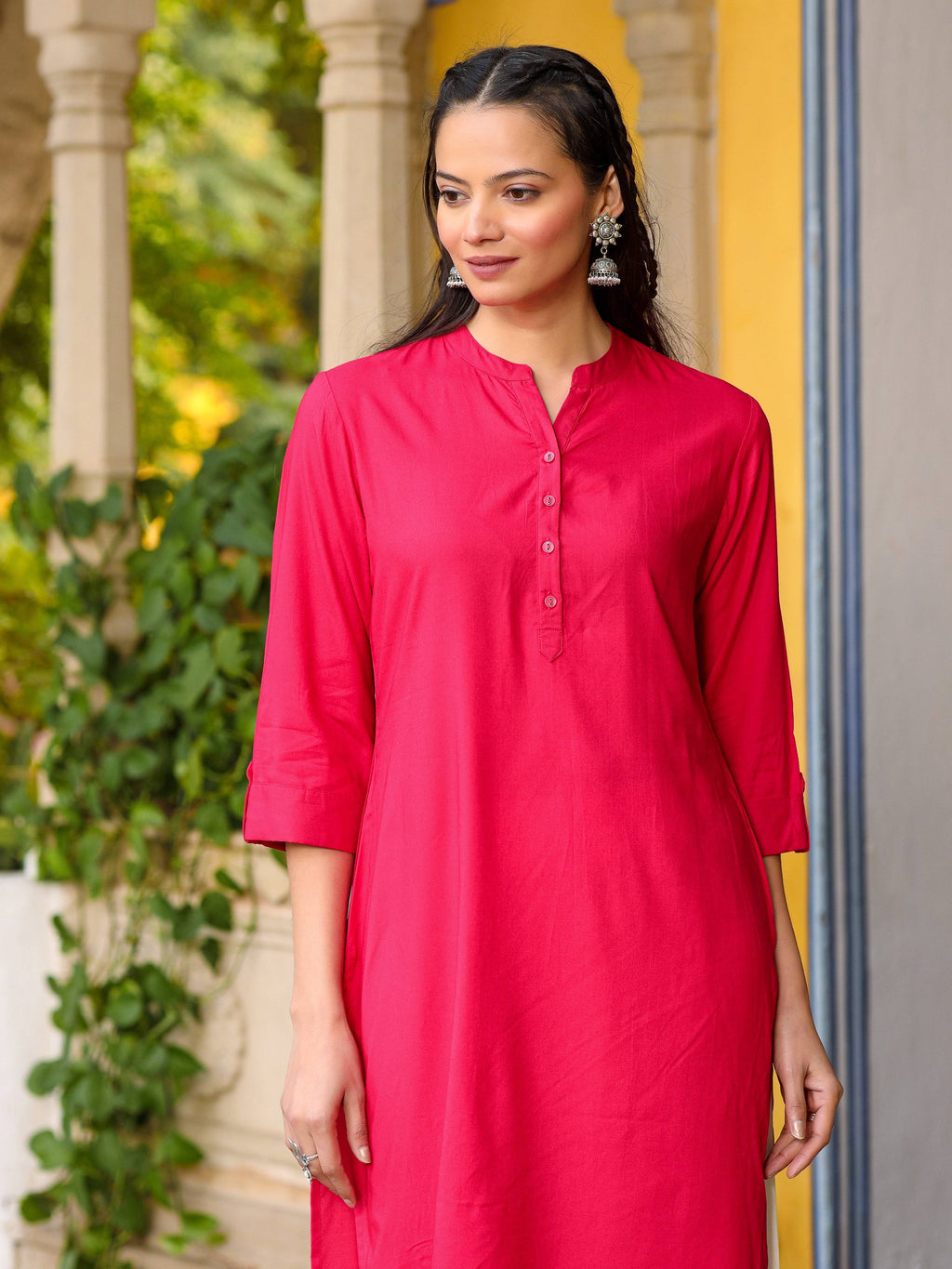 Juniper Pink Solid Modal Rayon Straight Kurta With Half Placket At Front | Grocsy