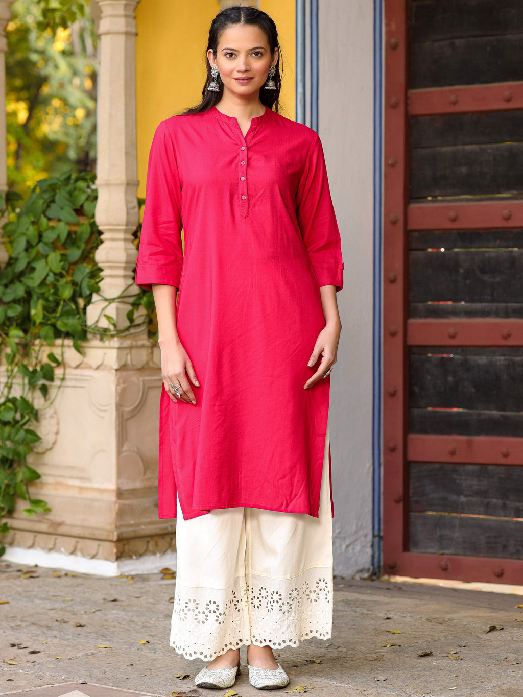 Juniper Pink Solid Modal Rayon Straight Kurta With Half Placket At Front | Grocsy