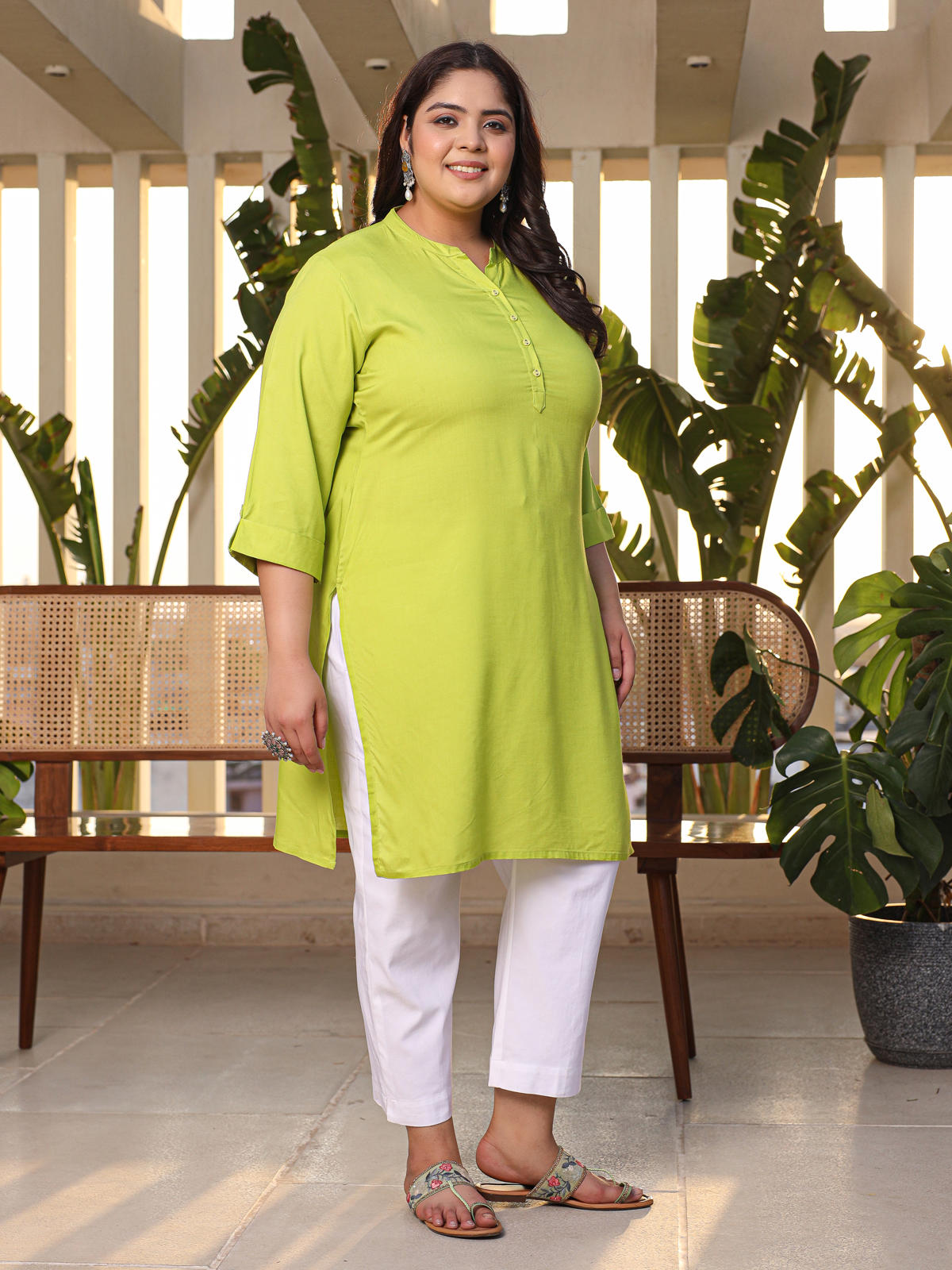 Juniper Women's Lime Green Modal Rayon Slub Plus Size Kurta | Grocsy